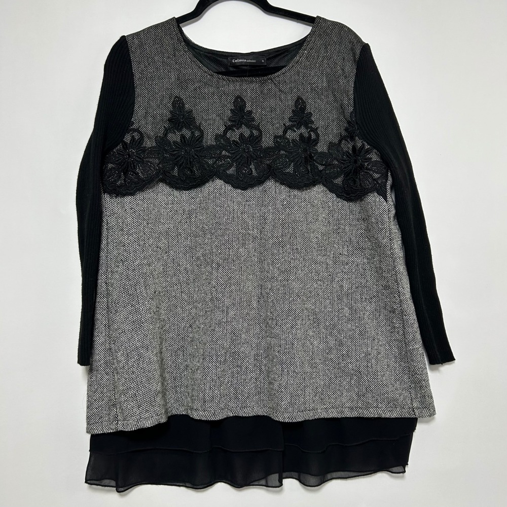 Artsy Lagenlook Lace Appliqué Tunic Top Textured Knit Layered Chiffon Hem XL